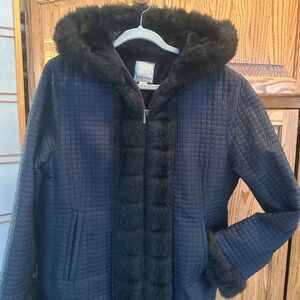 Anne Kline black waffle faux fur lined jacket coat sz L